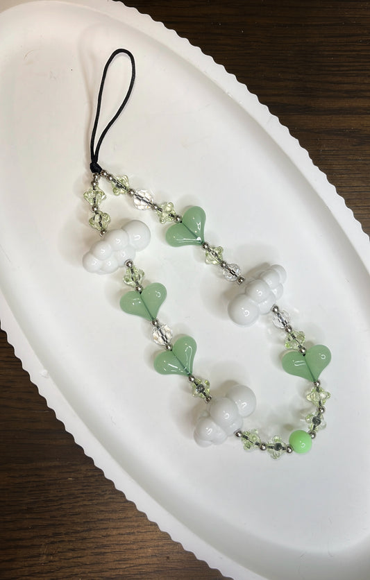 Green Cloud & Heart Beaded Phone Charm
