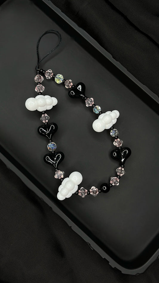 Black-White Cloud & Heart Beaded Phone Charm