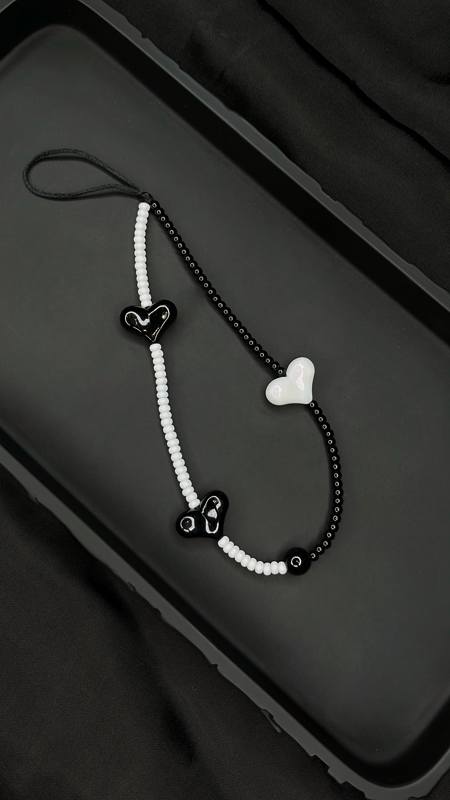 Black & White Heart Beaded Phone Charm