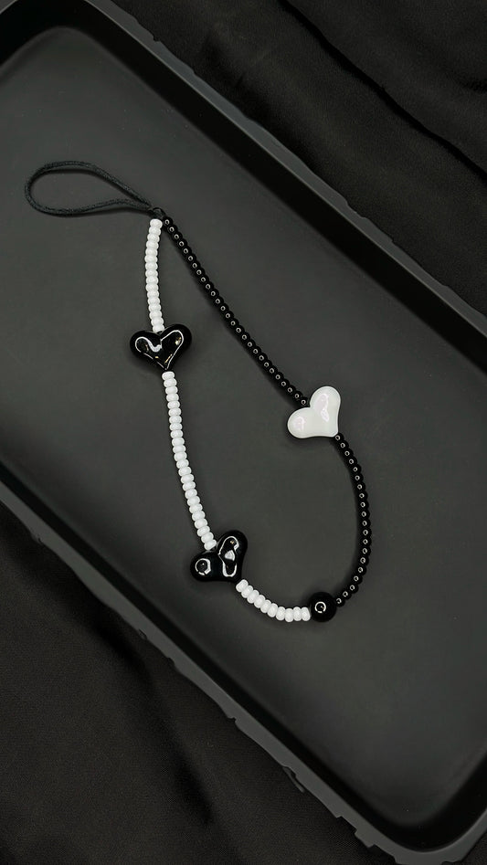 Black & White Heart Beaded Phone Charm