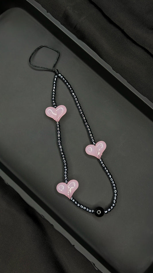 Black Chrome Pink Heart Beaded Phone Charm
