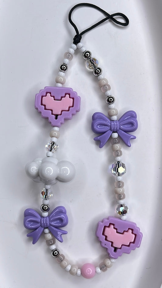 Purple Kawaii Bow-Pixel Heart Phone Charm