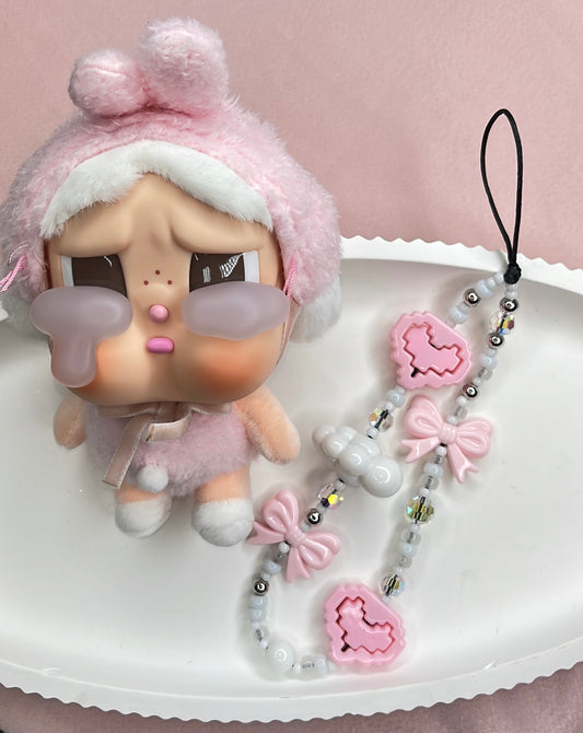 Pink Kawaii Bow-Pixel Heart Phone Charm