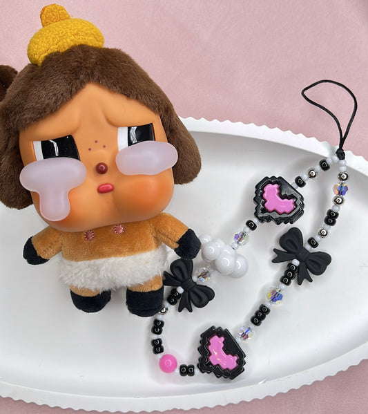 Pink Black Kawaii Bow-Pixel Heart Phone Charm