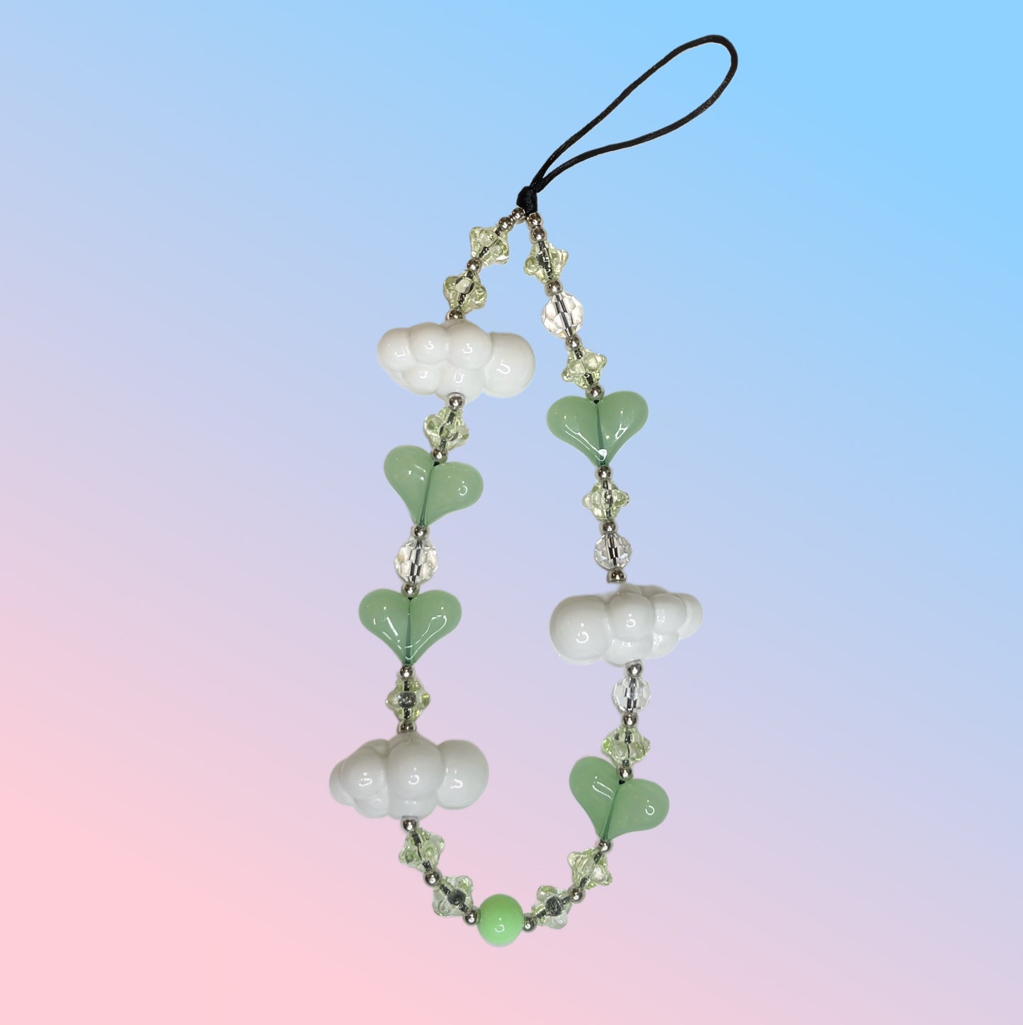 Green Cloud & Heart Beaded Phone Charm
