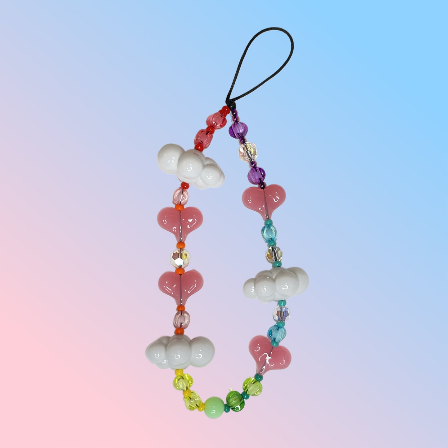 Pastel Rainbow Cloud & Heart Beaded Phone Charm