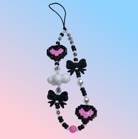 Pink Black Kawaii Bow-Pixel Heart Phone Charm