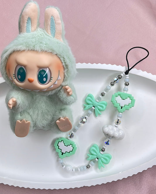 Green Kawaii Bow-Pixel Heart Phone Charm