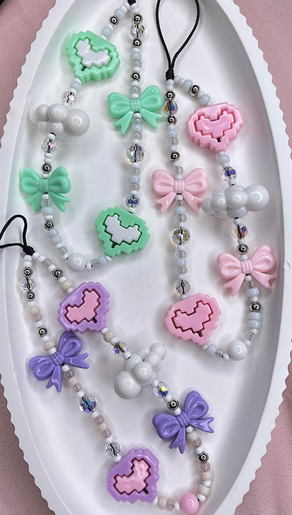 Pink Kawaii Bow-Pixel Heart Phone Charm