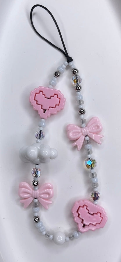 Pink Kawaii Bow-Pixel Heart Phone Charm
