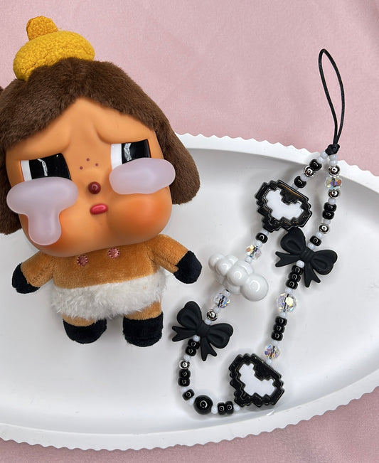 Black Kawaii Bow-Pixel Heart Phone Charm