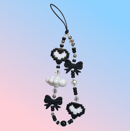 Black Kawaii Bow-Pixel Heart Phone Charm