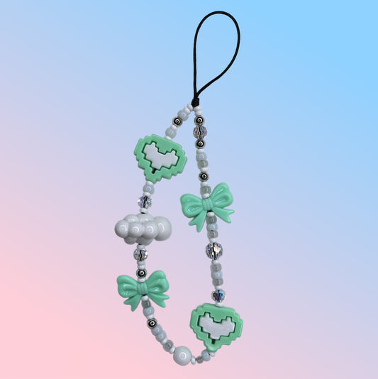 Green Kawaii Bow-Pixel Heart Phone Charm