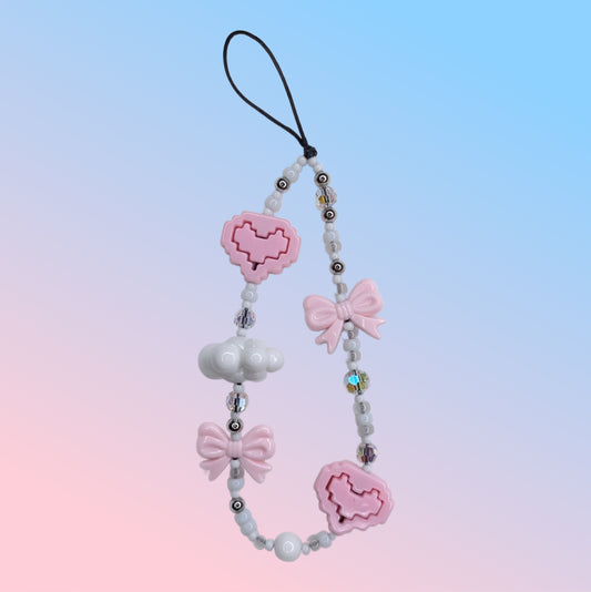 Pink Kawaii Bow-Pixel Heart Phone Charm